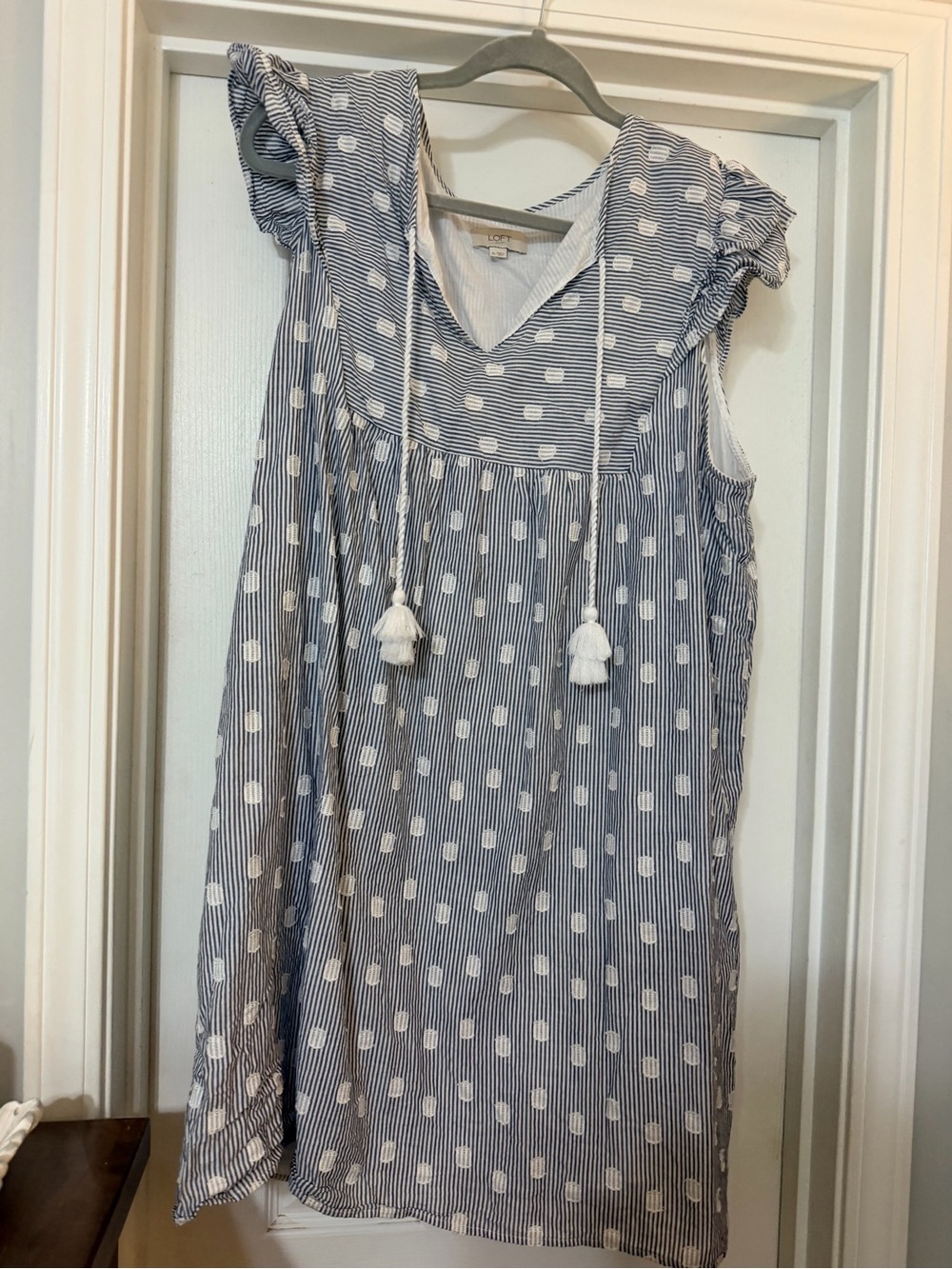 LOFT Navy Blue and White Striped Polka Dot Tassel Mini Dress